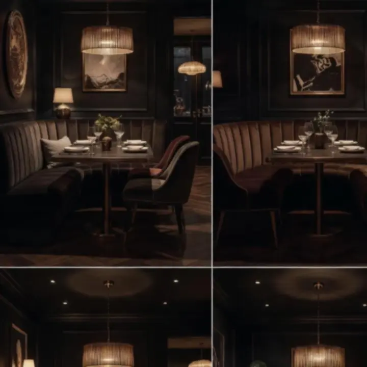 Atmospheric private dining room with plush seating and low, golden lighting prepared for an intimate event.