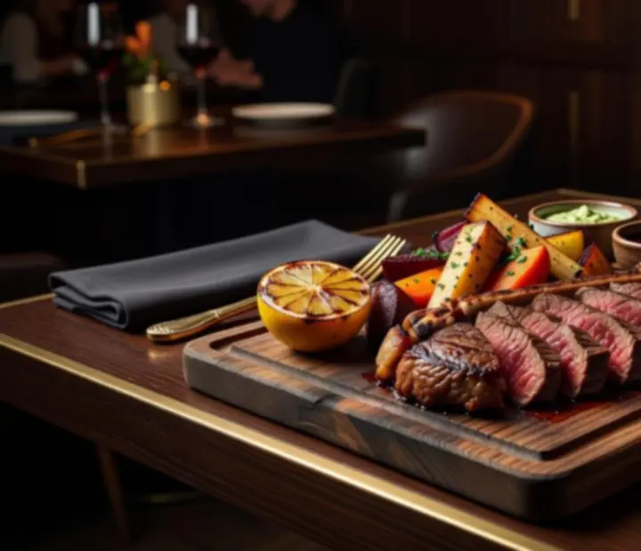 A grass-fed steak being served on a dark grill platter in a supper club