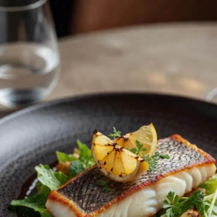 A refined main course plated in a dark, atmospheric restaurant setting