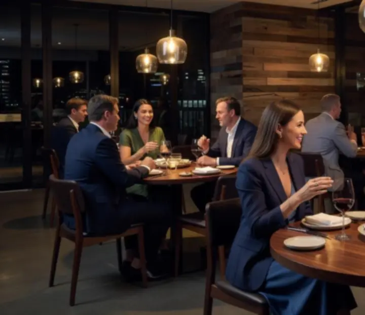 Night-time restaurant atmosphere at Theflopand Flame with softly lit tables and a graphite-toned bar.
