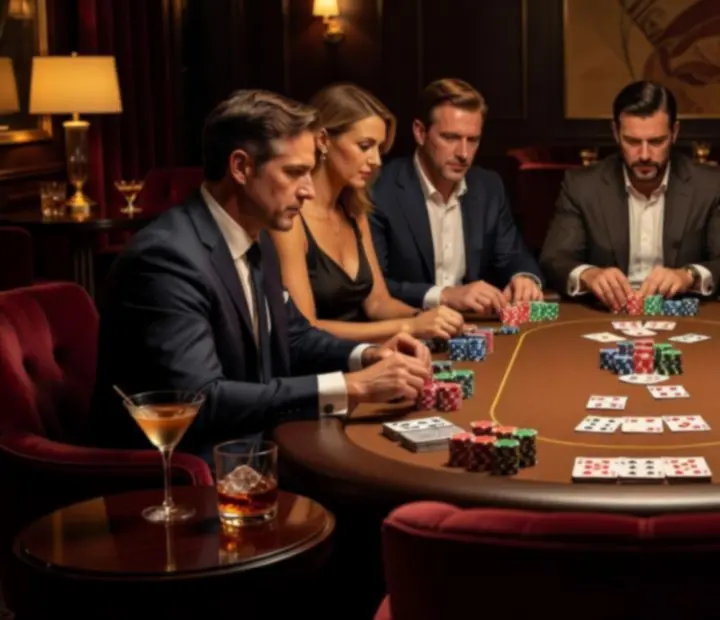 Poker event in progress at Theflopand Flame with a professionally laid table, chips and cocktails.