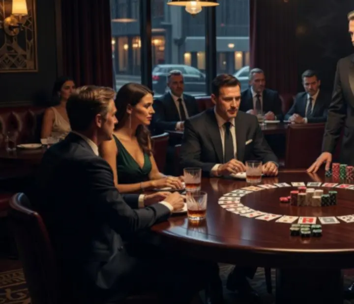 Luxurious Australian supper club poker room with dim lighting, cards, chips and cocktails on the table
