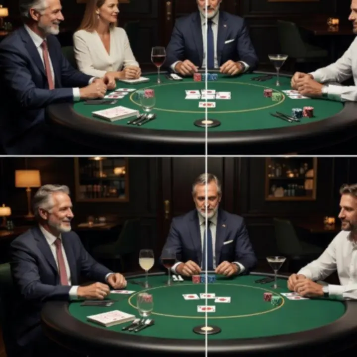 Private poker event with cards, chips and cocktails laid out on a felt table in a dimly lit room.