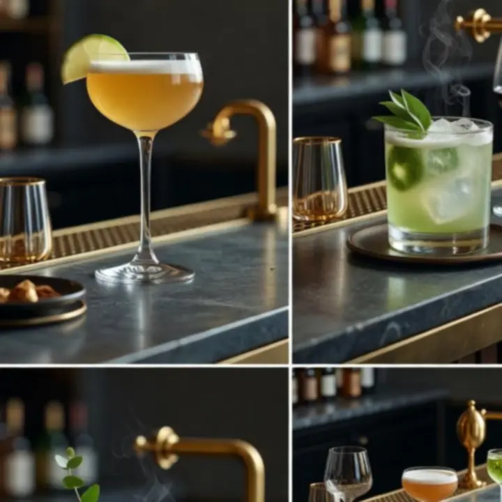 Signature cocktails lined up on a dark bar with warm lighting