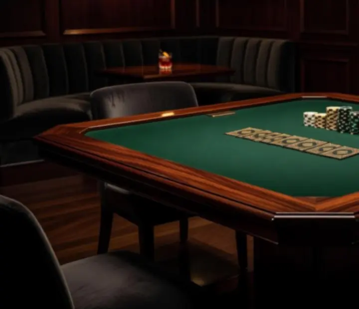 Elegant poker table set with cards, chips and cocktails under atmospheric lighting.