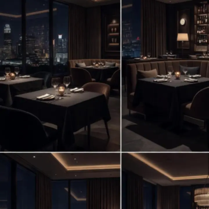 Moody restaurant interior at night with candlelit tables and a softly lit bar at Theflopand Flame.