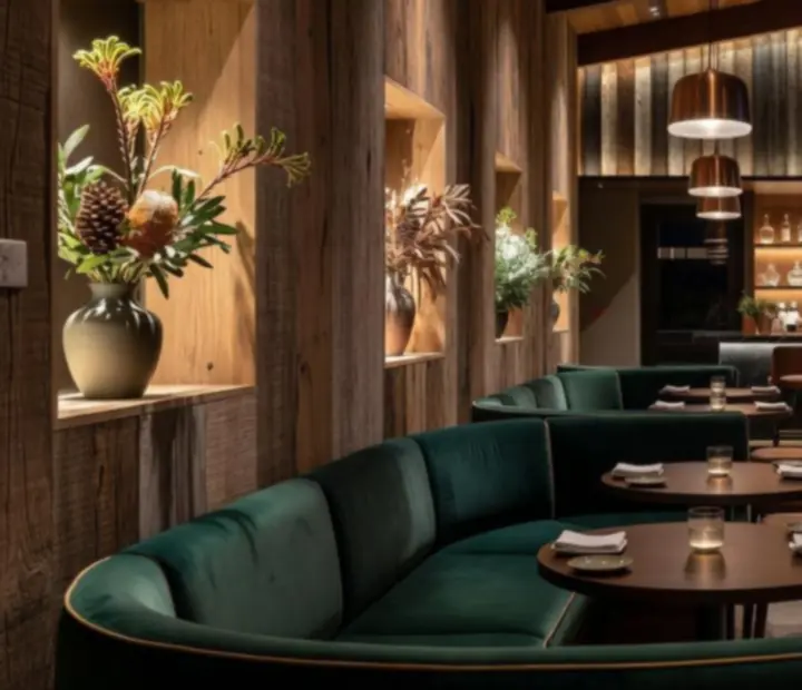 Atmospheric view of Theflopand Flame at night with a glowing bar and intimate banquette seating.